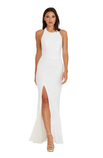 Dress the Population Women's Paige Crepe Knit, Floor Length, Mermaid, Halter Neck Dress, White, Medium