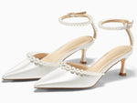 Load image into Gallery viewer, Coutgo Womens Pearl Kitten Heels Closed Pointed Toe Wedding Bride Dress Shoes Ankle Strap Satin Pumps, White, Size 10

