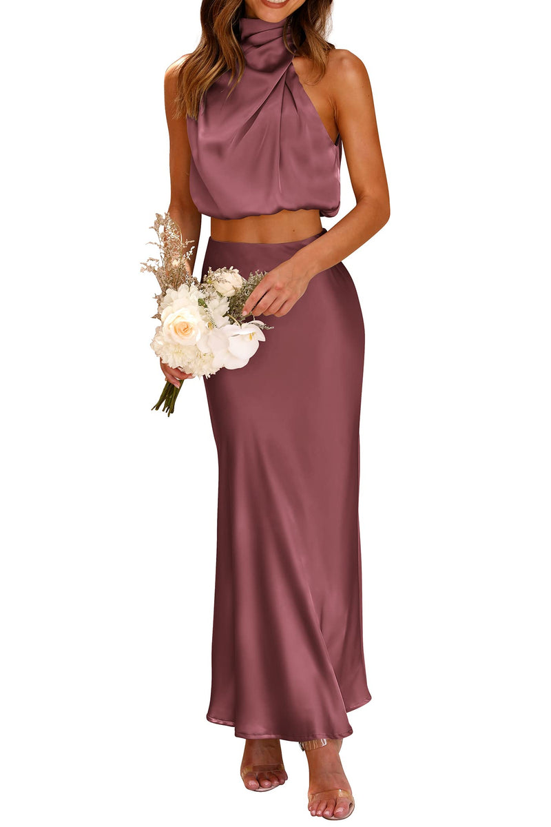 PRETTYGARDEN Women's 2 Piece Satin Outfits Summer Sleeveless Mock Neck Crop Tops and Long Skirt Dress Sets (Brick Red,Large)