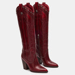 Load image into Gallery viewer, VOMIRA Knee High Burgundy Cowboy Boots for Women - Pointed Toe Chunky High Heels Pull-on Embroidered Western Boots for Wide Calf Cowgirls
