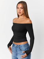 Load image into Gallery viewer, Trendy Queen Womens Long Sleeve Off The Shoulder Tops Going Out Basic T Shirts Cute Sexy Crop Boat Neck Y2K Corset Concert Fall Fashion 2025 Outfits Clothes Black M
