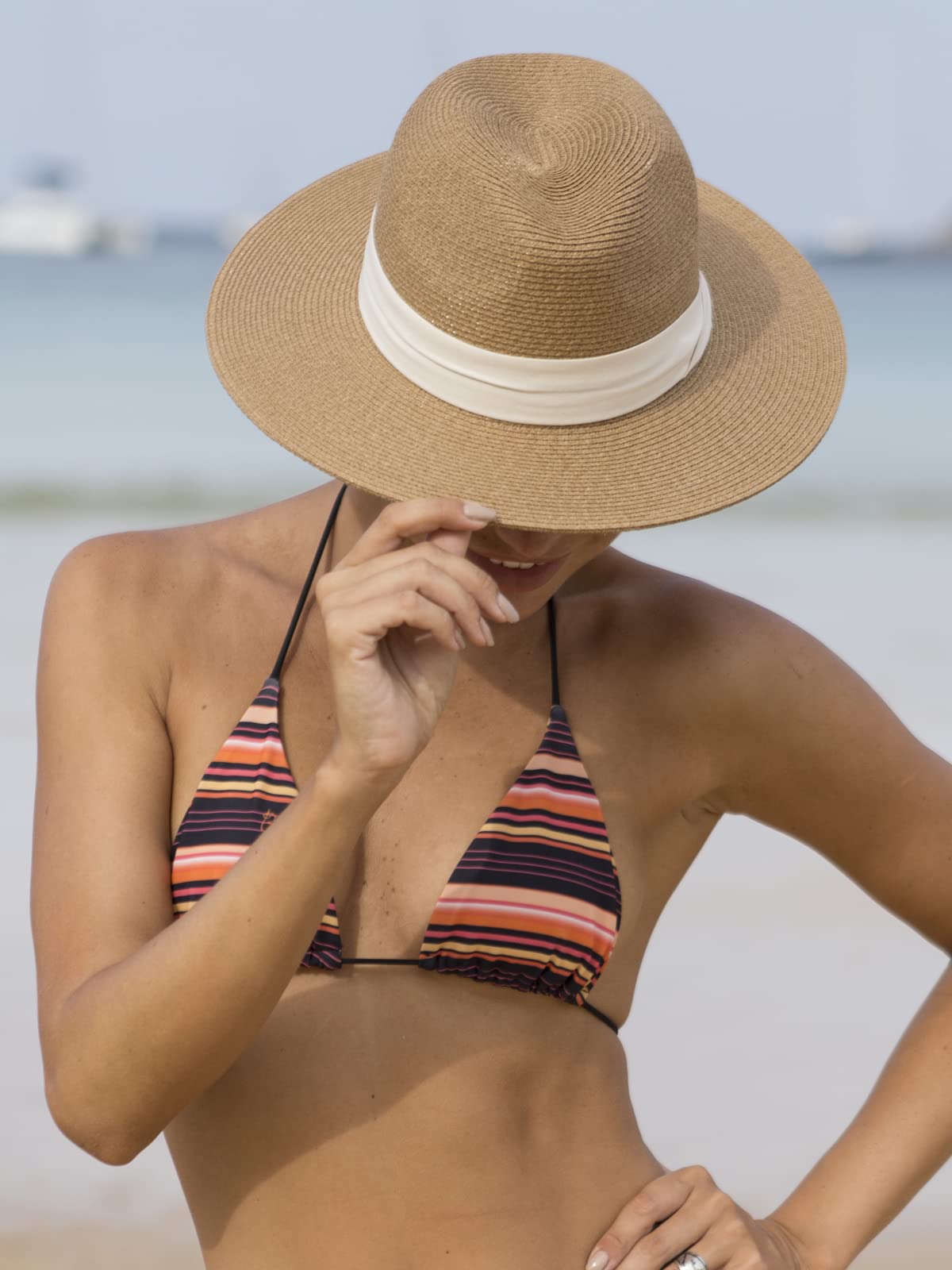 FURTALK Womens Mens Wide Brim Straw Panama Hat Fedora Summer Beach Sun Hat UPF Straw Hat for Women Khaki-Beige