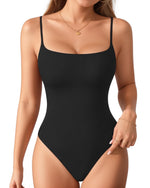 Load image into Gallery viewer, MANGOPOP Women&#39;s Cami Thong Bodysuit Double Lined Square Neck Backless Body Suit Adjustable Spaghetti Strap Tops Black M
