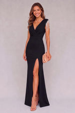 Load image into Gallery viewer, liher Womens Sexy V Neck Sleeveless Split Maxi Formal Dress with Rhinestone Fringe Cocktail Wedding Guest Prom Dresses, Black Large
