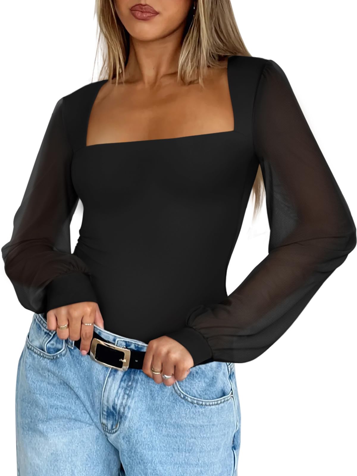 PINKMSTYLE Mesh Bodysuit for Women Sexy Slimming Square Neck Double Lined Tops Fall Classy Puff Long Sleeve Tops Shirts Black Medium
