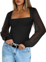 Load image into Gallery viewer, PINKMSTYLE Mesh Bodysuit for Women Sexy Slimming Square Neck Double Lined Tops Fall Classy Puff Long Sleeve Tops Shirts Black Medium
