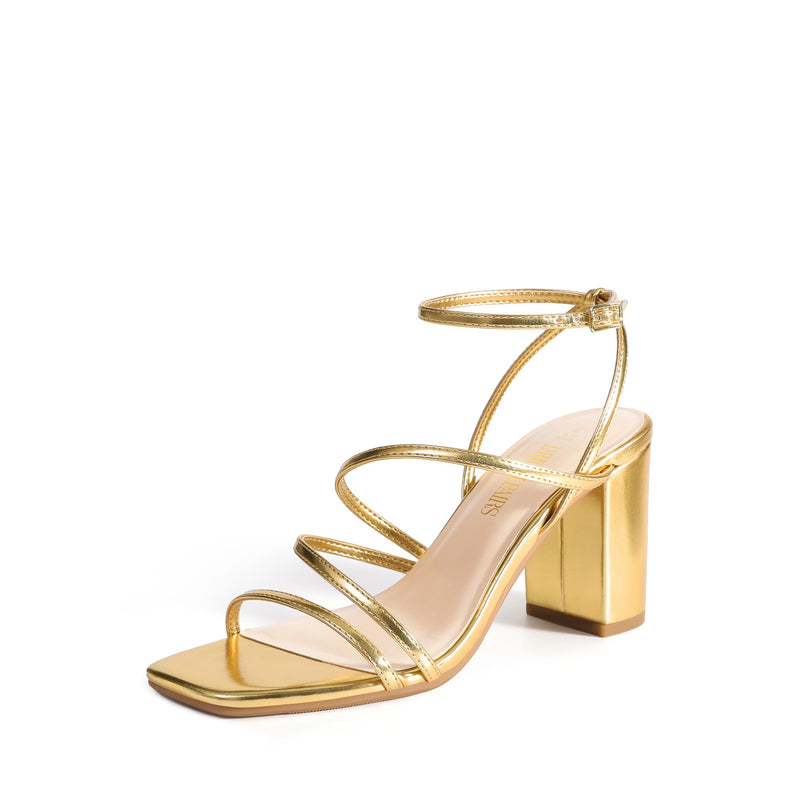 DREAM PAIRS Women's Heels Chunky Block Strappy Square Open Toe Ankle Buckle Heeled Sandals Wedding Party Dress Shoes Indie,Size 9,Gold-Pu,SDHS2428W