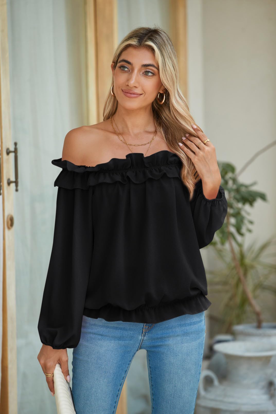 evnanic Womens Off The Shoulder Tops for Women Casual Loose Long Sleeve Blouse Shirts Black M