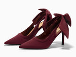 Load image into Gallery viewer, Coutgo Womens Slingback High Heels Bow Closed Pointed Toe Pumps Party Dress Shoes, Wine Red, Size 9
