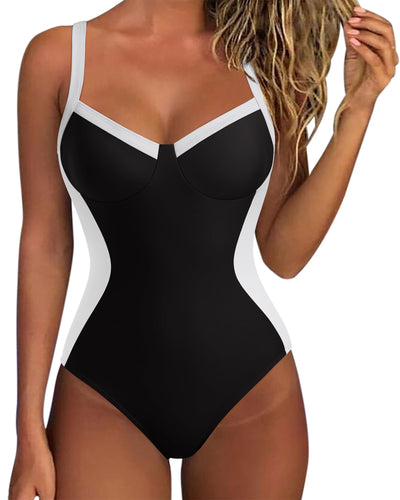SUUKSESS Womens Tummy Control Slimming One Piece Swimsuits Sexy V Neck Crisscross Back Bathing Suits Push up Swimwear(Black，Large)