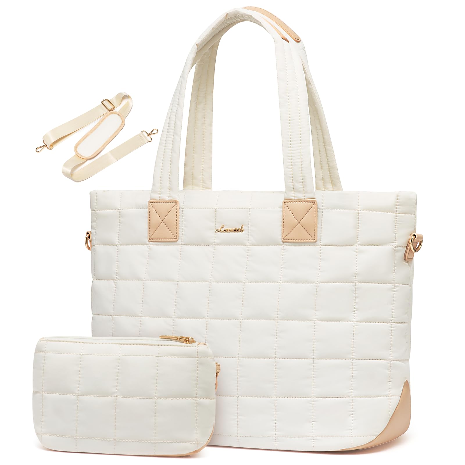 LOVEVOOK Puffer Tote Bag for Women, Fits 17 Inch Laptop bag Quilted Women Tote Bag with Zipper, Large Puffy Work Bag Purse Shoulder Bag for Travel Gym Everything Weekend, Beige