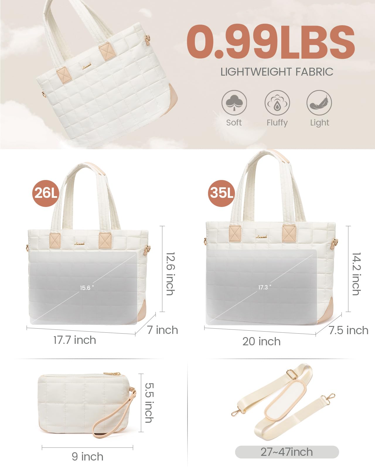 LOVEVOOK Puffer Tote Bag for Women, Fits 17 Inch Laptop bag Quilted Women Tote Bag with Zipper, Large Puffy Work Bag Purse Shoulder Bag for Travel Gym Everything Weekend, Beige