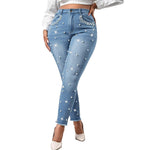 Load image into Gallery viewer, Ladyful Women's Pearls Skinny Jeans Butt Lifting High Waist Stretchy Rhinestones Denim Pants Light Blue
