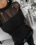 Load image into Gallery viewer, Ninimour Women‘s Pearls Decor Long Sleeve Blouse Mesh Spliced Textured Shirt Going Out Top Black
