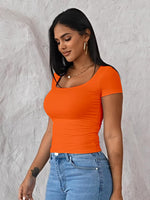 Load image into Gallery viewer, Dwnval Womens Summer Sexy Square Neck Tops Double Lined Short Sleeve Shirts Slim Fit Crop Top(Orange, S)
