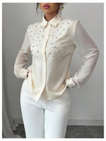 Load image into Gallery viewer, SweatyRocks Women's Pearl Elegant Tops Button Down Shirts Long Sleeve Work Office Blouse Apricot Small
