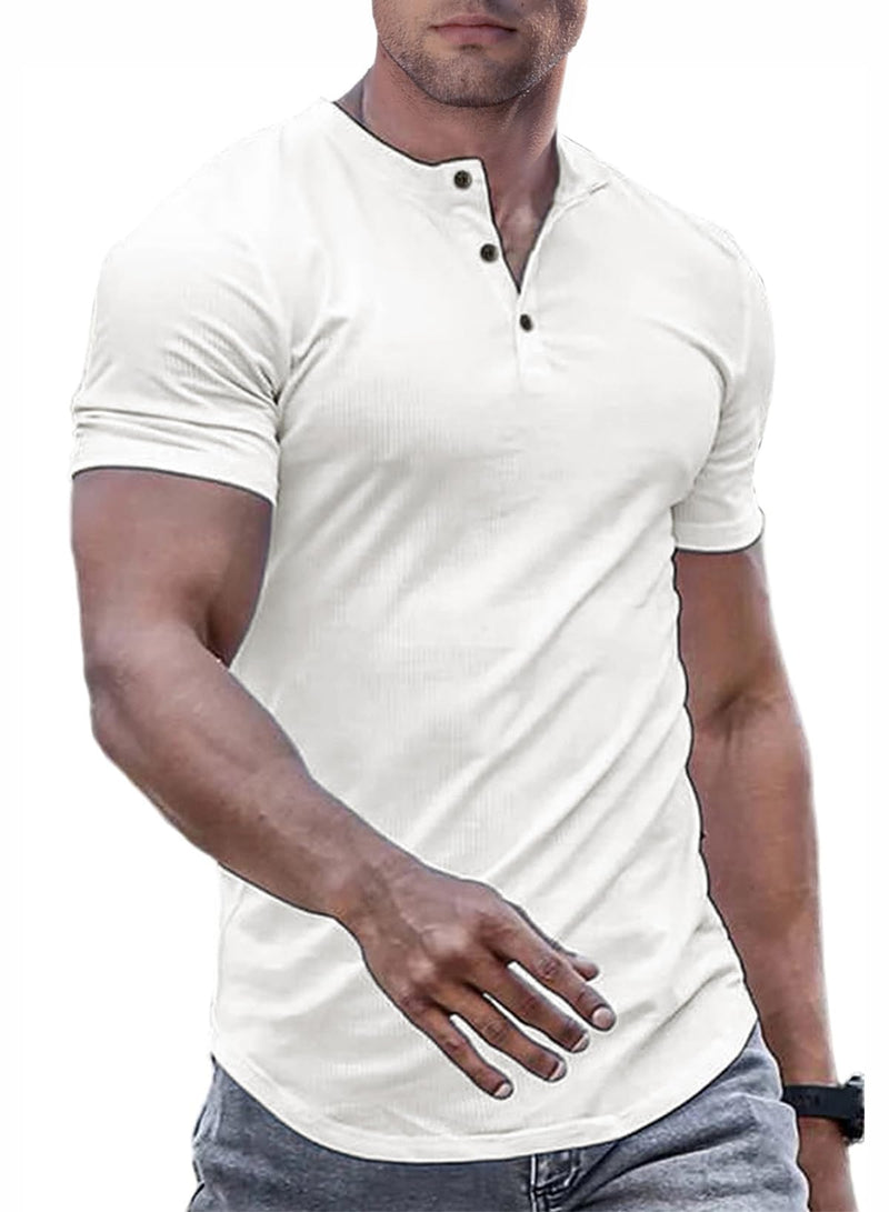 JMIERR Mens Muscle Slim Fit Button Henley Shirts Summer Crewneck Short Sleeve Longline Fitted T-Shirt Gym Workout Athletic Tee Shirt for Man, 2XL, White