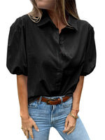 Load image into Gallery viewer, Tankaneo Women&#39;s Button Down Shirts Short Puff Sleeve Collared Dressy Casual Blouse Tops Black
