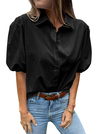 Tankaneo Women's Button Down Shirts Short Puff Sleeve Collared Dressy Casual Blouse Tops Black