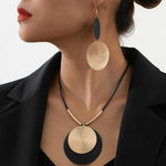 Load image into Gallery viewer, YOOESTORES82 Gold Disc Pendant Necklace Earrings Set Leather Cord Black Circle Statement Necklaces Geometric Textured Medallion Jewelry For Women Party Fashion (Gold)
