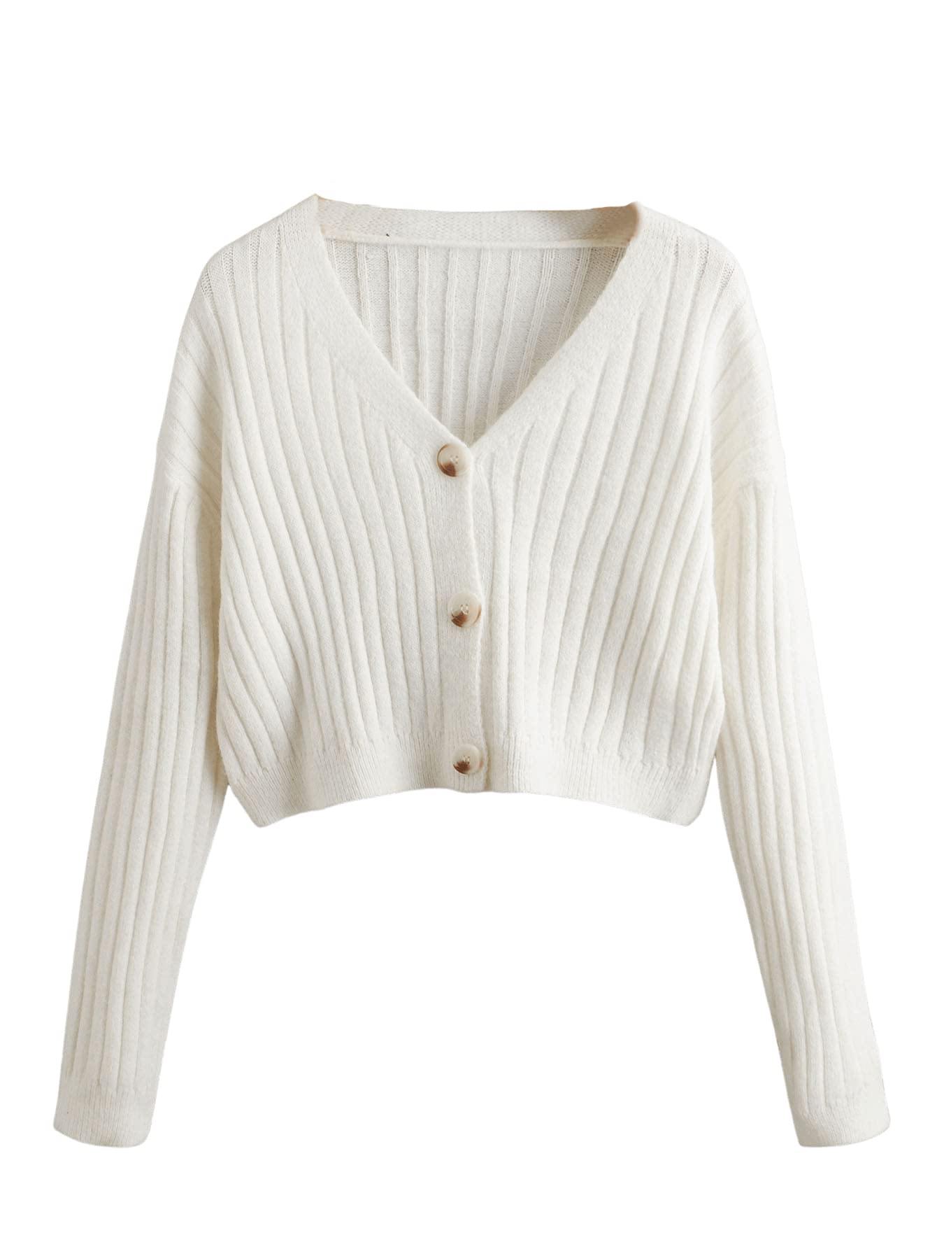 SweatyRocks Women's Long Sleeve Button Front V Neck Soft Knit Cardigan Sweaters Solid White S