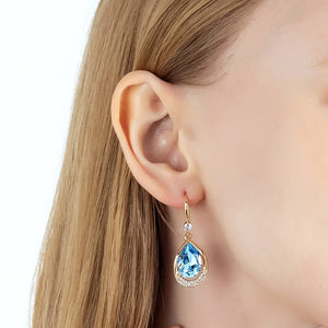 Austrian Crystal Halo Teardrop Hollow Drop Dangle Earrings for Women 14K Rose Gold Plated Hypoallergenic Jewelry (Aquamarine)
