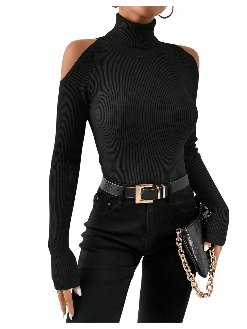 SOLY HUX Women's Cold Shoulder Sweater High Neck Long Sleeve Pullover Lightweight Ribbed Knit Jumper Tops Solid Black Large