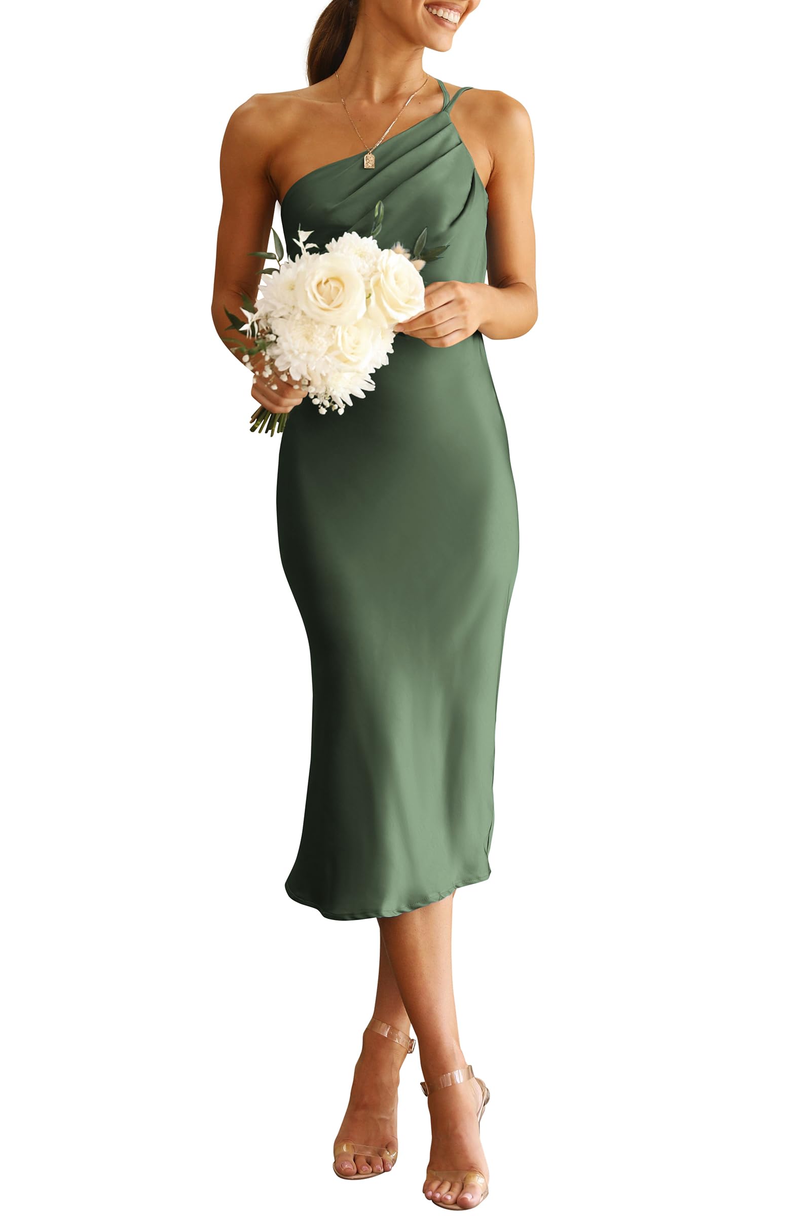 PRETTYGARDEN Women's Midi Satin Dress One Shoulder Spaghetti Strap Backless Ruched Summer Bodycon Dresses (Army Green,Small)