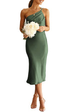 Load image into Gallery viewer, PRETTYGARDEN Women&#39;s Midi Satin Dress One Shoulder Spaghetti Strap Backless Ruched Summer Bodycon Dresses (Army Green,Small)
