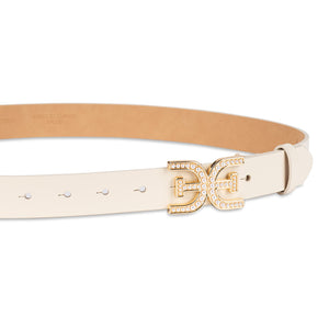 Sam Edelman Women's Pearl Embellished Double-E Logo Plaque Buckle Belt, Ivory, Small