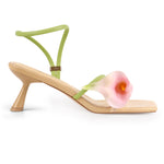Load image into Gallery viewer, LACIKOSZ Flower Kitten Heel Sandals for Women Calla Lily Green Heels Square Open Toe Floral Strappy Low Heel Sandals Summer Dressy Wedding Shoes Size 9
