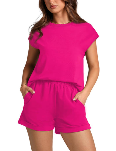 WIHOLL Travel Outfits for Women 2025 Fashion Trendy Short Sets Women Two Piece Sets Hot Pink S