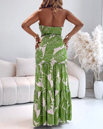 Load image into Gallery viewer, CHICME Floral Printed Prom Dress Drawstring Ruched Shirred Bandeau Party Dress Slim Fit Ruffle Hem Wedding Guest Dresses Green-M
