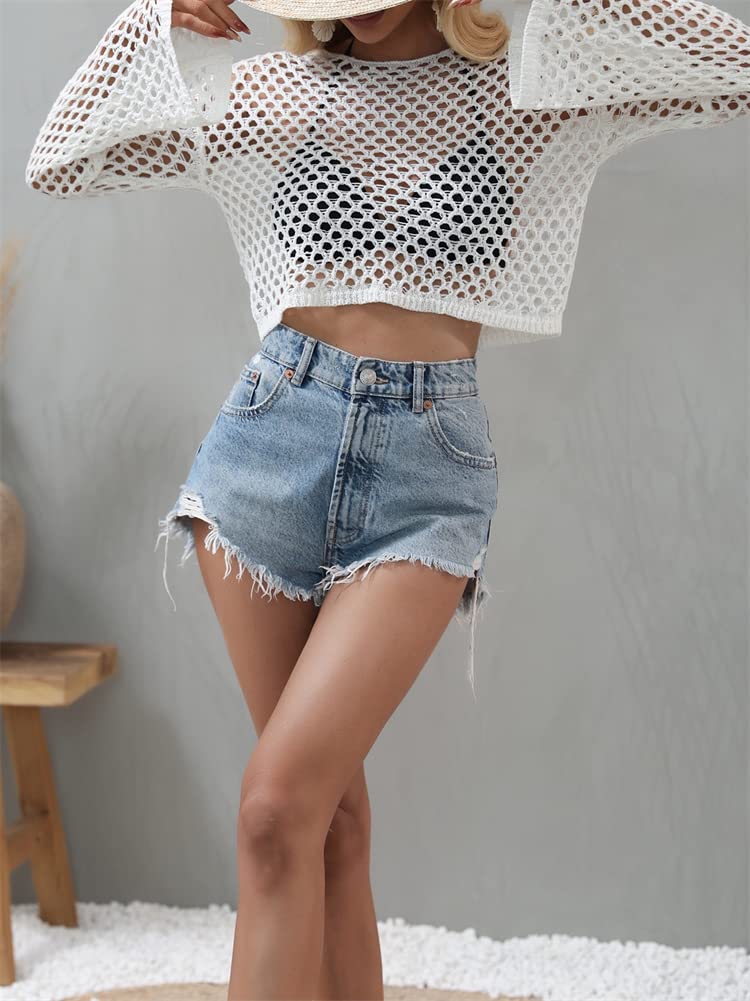 KEOMUD Women Mesh Crochet Crop Top Long Sleeve Hollow Out Knit Sweater Bikini Beach See Through Cover Ups A White Large