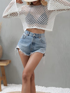 KEOMUD Women Mesh Crochet Crop Top Long Sleeve Hollow Out Knit Sweater Bikini Beach See Through Cover Ups A White Large