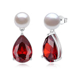 Load image into Gallery viewer, YAMI Pearl Earrings for Women, 925 Sterling Silver Birthstone Teardrop Stud Dangle Earrings, Created Garnet Pear Shaped Zircon Drop Earrings, 8-8.5MM Freshwater Cultured Pearl Jewelry
