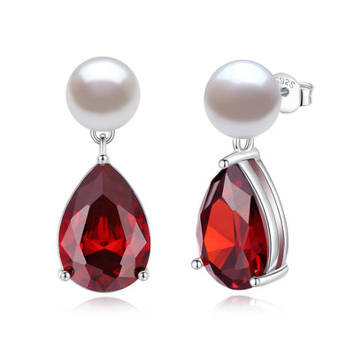 YAMI Pearl Earrings for Women, 925 Sterling Silver Birthstone Teardrop Stud Dangle Earrings, Created Garnet Pear Shaped Zircon Drop Earrings, 8-8.5MM Freshwater Cultured Pearl Jewelry