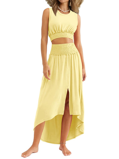 WIHOLL Womens Skirt Sets 2 Piece Outfits Lounge Set Knit Crop Top Casual Midi Dress Yellow L