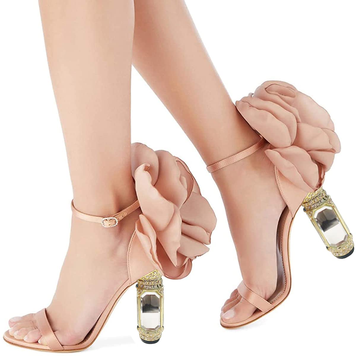 FSJ Women Flower Crystal Chunky Block High Heel Ankle Strap Sandals Open Toe Fashion Dress Evening Party Shoes Size 8 Nude