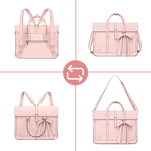 MOSISO Laptop Bag for Women, 15-15.6 inch PU Leather Laptop Shoulder Bag Convertible Backpack, 16 inch Messenger Bag Casual Handbag Work Briefcase Travel Computer Bag with Bowknot, Pink