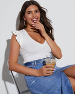 Load image into Gallery viewer, BONITEE Womens Summer Ribbed Tops Classy Ruffle Sleeve Slim Shirts Sexy Deep V Neck Tees Casual Knit Tshirts 2025 Dressy Blouse White,M

