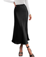 Load image into Gallery viewer, BTFBM 2025 Womens Summer Fall Long Satin Skirt Silk Elegant High Waist Cocktail Party Wedding Flowy A-Line Midi Skirts(Black, Small)
