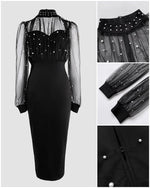 Load image into Gallery viewer, CHICME Sexy Black Dress for Women Mock Neck Bodycon Midi Dress Long Sleeve Sheer Dresses Beaded Night Club Party Dresses Black-XL

