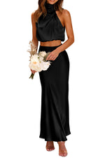 Load image into Gallery viewer, PRETTYGARDEN Women&#39;s 2 Piece Satin Outfits Summer Sleeveless Mock Neck Crop Tops and Long Skirt Dress Sets (Black,Medium)
