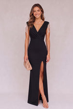 Load image into Gallery viewer, liher Womens Sexy V Neck Sleeveless Split Maxi Formal Dress with Rhinestone Fringe Cocktail Wedding Guest Prom Dresses, Black Large
