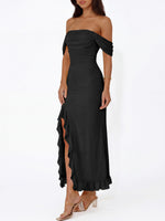 Load image into Gallery viewer, Caracilia Womens Summer Off The Shoulder Formal Bodycon Maxi Dresses High Slit Ruffle Hem Mesh Wedding Guest Cocktail Dress Black Medium
