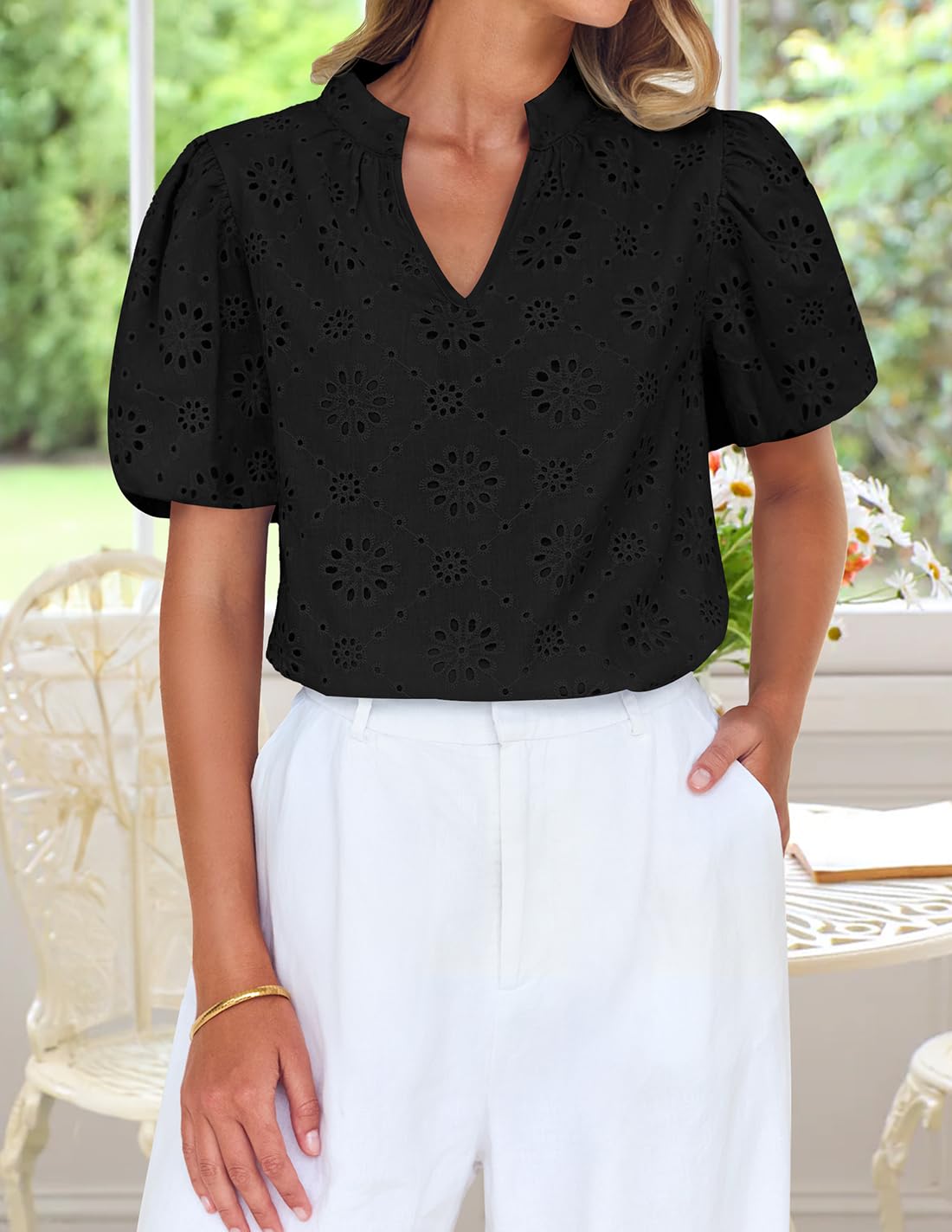 ZESICA Women's Summer Short Puff Sleeve Shirts 2025 V Neck Casual Hollow Out Lace Embroidered Blouse Tops,Black,Medium