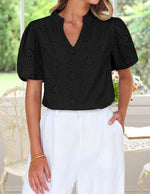 Load image into Gallery viewer, ZESICA Women&#39;s Summer Short Puff Sleeve Shirts 2025 V Neck Casual Hollow Out Lace Embroidered Blouse Tops,Black,Medium

