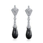 Load image into Gallery viewer, Deco Style Black Teardrop Faceted Briolette Cubic Zirconia Pave CZ Prom Evening Dangle Earrings .925 Sterling Silver
