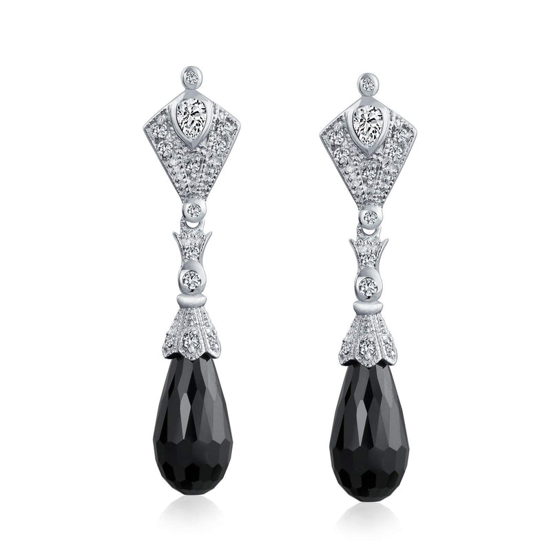 Deco Style Black Teardrop Faceted Briolette Cubic Zirconia Pave CZ Prom Evening Dangle Earrings .925 Sterling Silver